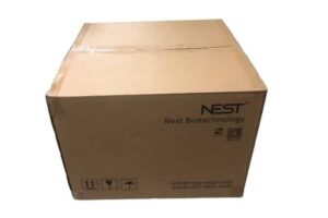 A closed cardboard shipping box labelled Nest Biotechnology with contact info and handling symbols.