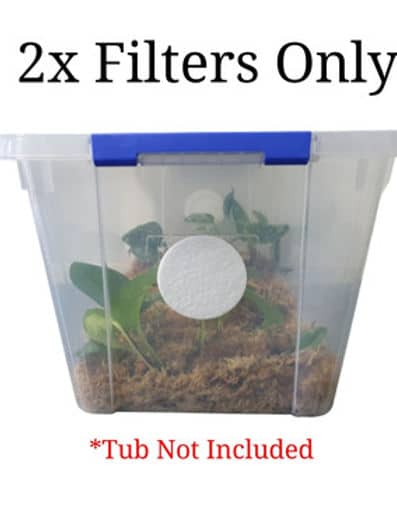 Monotub air filters for mushroom and plant growing, set of 2 white round filters shown on a clear plastic tub with plants. Text: Tub Not Included.