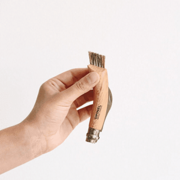 Hand holding a small wooden brush with OPINEL branding, next to an Opinel No 8 Folding Mushroom Knife with a beech handle and stainless steel blade, set against a plain white background.
