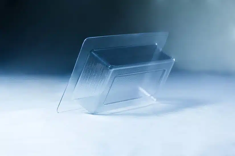 A clear plastic blister pack for the Mycelium Mould Growth form - Brick (Reusable) is angled on a light blue surface.