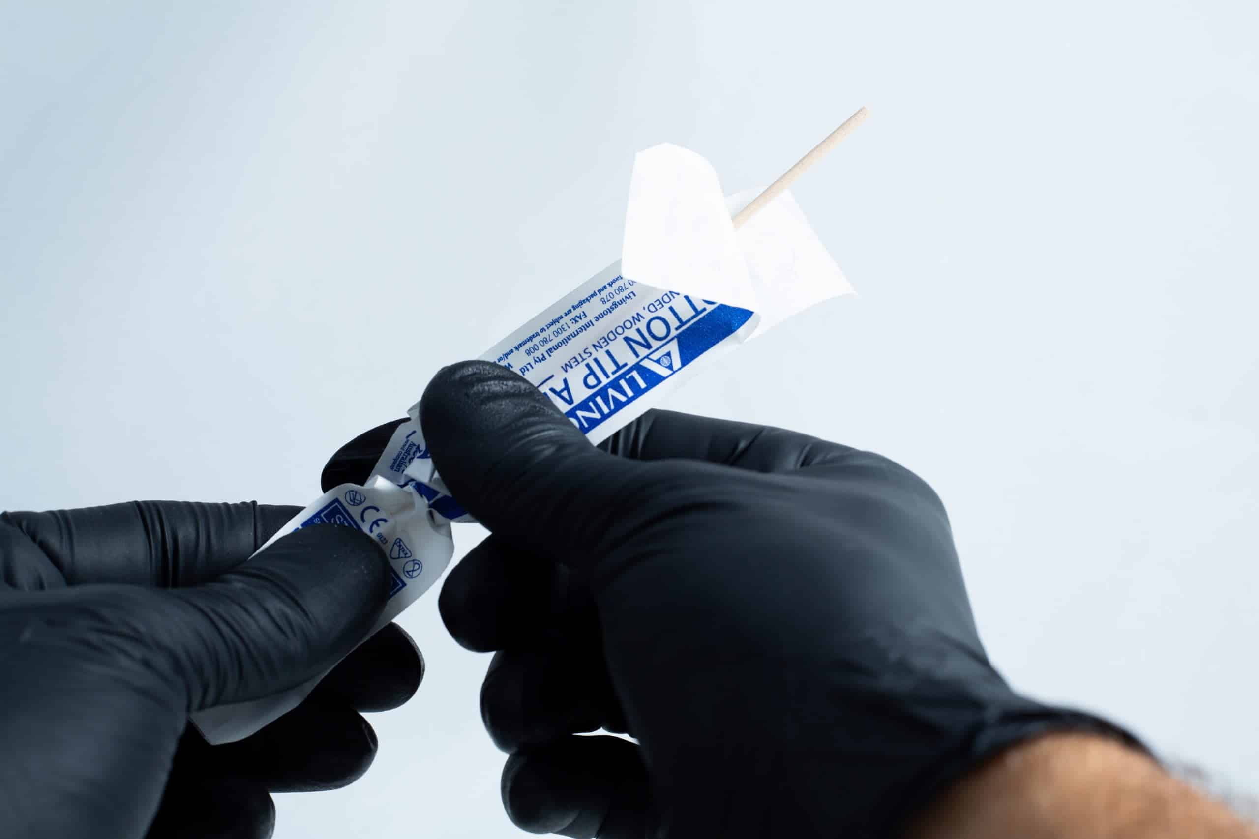 Gloved hands open a sterile wooden tongue depressor from its packaging, ready to use with the Agar petri dish MEA School Science Fun Project Kit for school experiments.