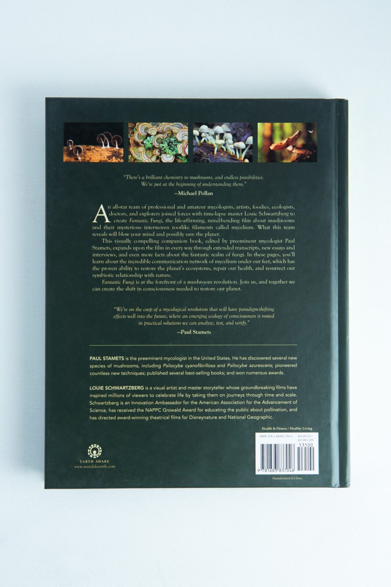 Back cover of "Fantastic Fungi" by Louie Schwartzberg, featuring top mushroom images and a barcode at the bottom right—a perfect fit for mushroom book enthusiasts.