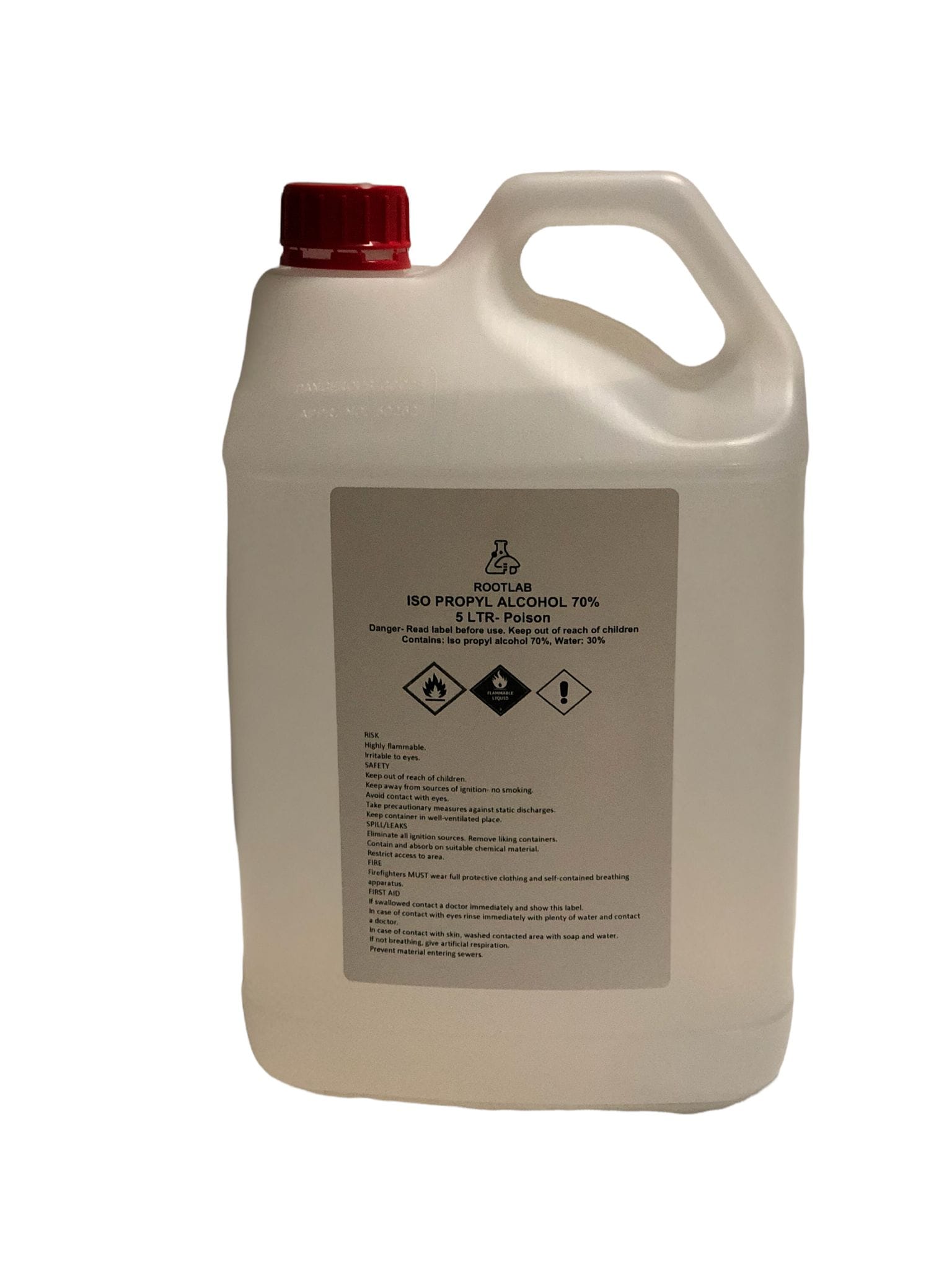 Isopropyl alcohol 70% - 5 Litre (Collection only) container with a red cap and warning labels on the front.