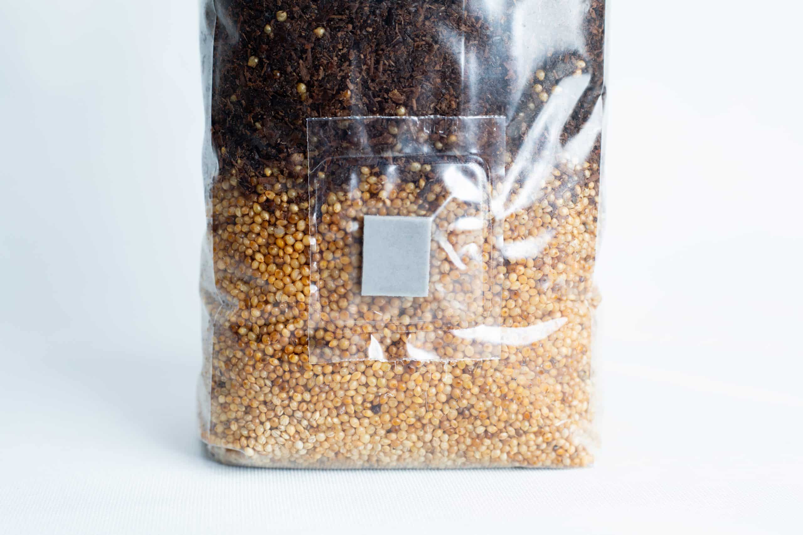 Masters Mix + Millet All-in-one Mushroom 1kg Bag: clear plastic bag with dark Masters Mix substrate on top, yellow millet seeds at the bottom, and a small square patch in the centre.