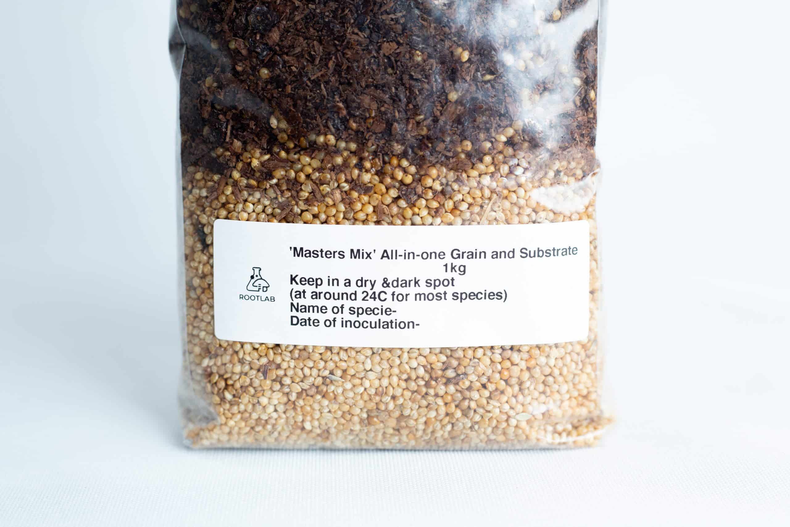 Masters Mix + Millet All-in-one Mushroom 1kg Bag: Clear plastic bag with a white label containing storage and inoculation instructions, filled with a blend of grain and substrate.