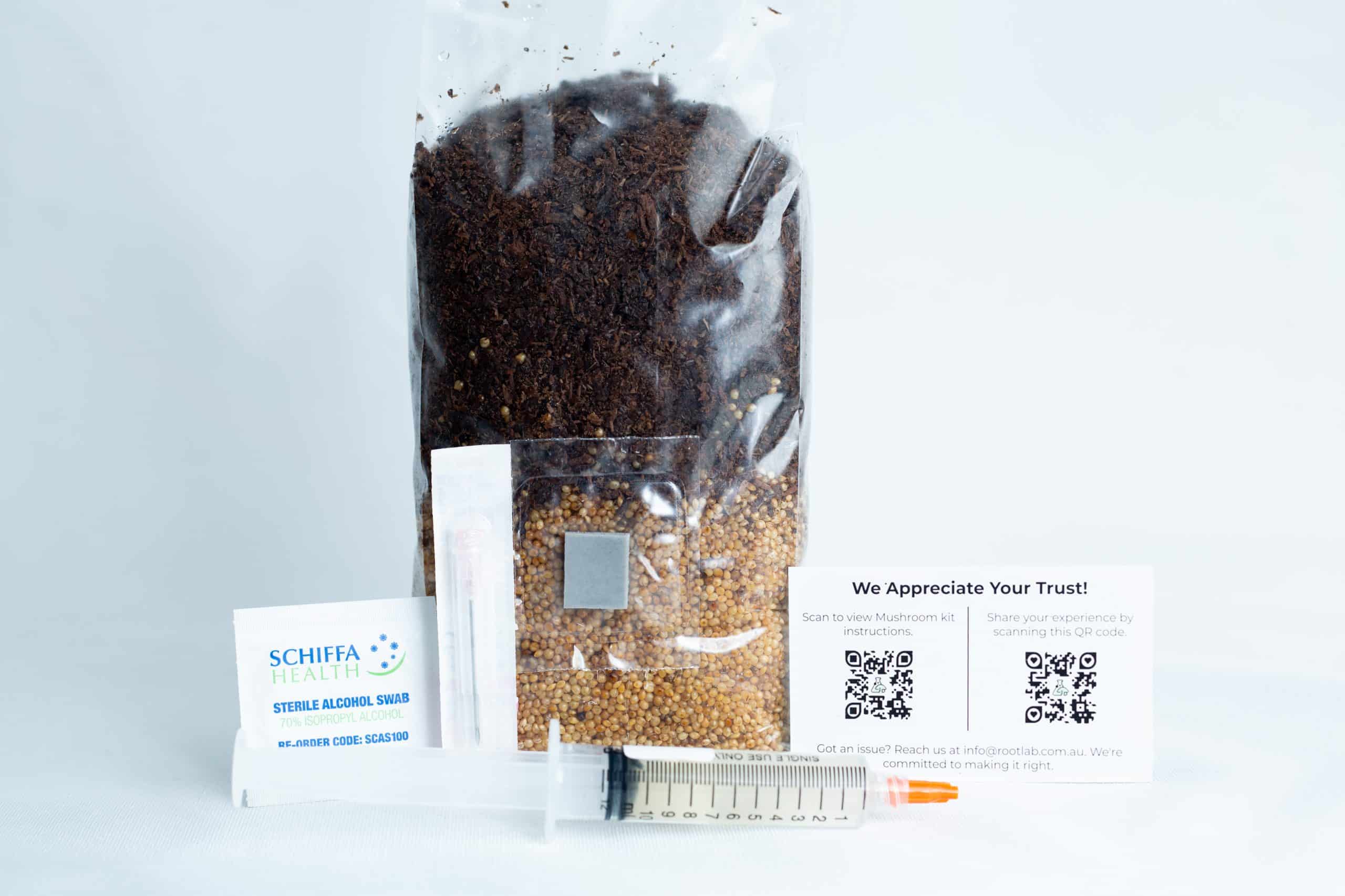 The Black King Oyster Mushroom Grow Kit includes a sealed seed bag, syringe, alcohol swab, and two QR code cards, all shown on a white background.