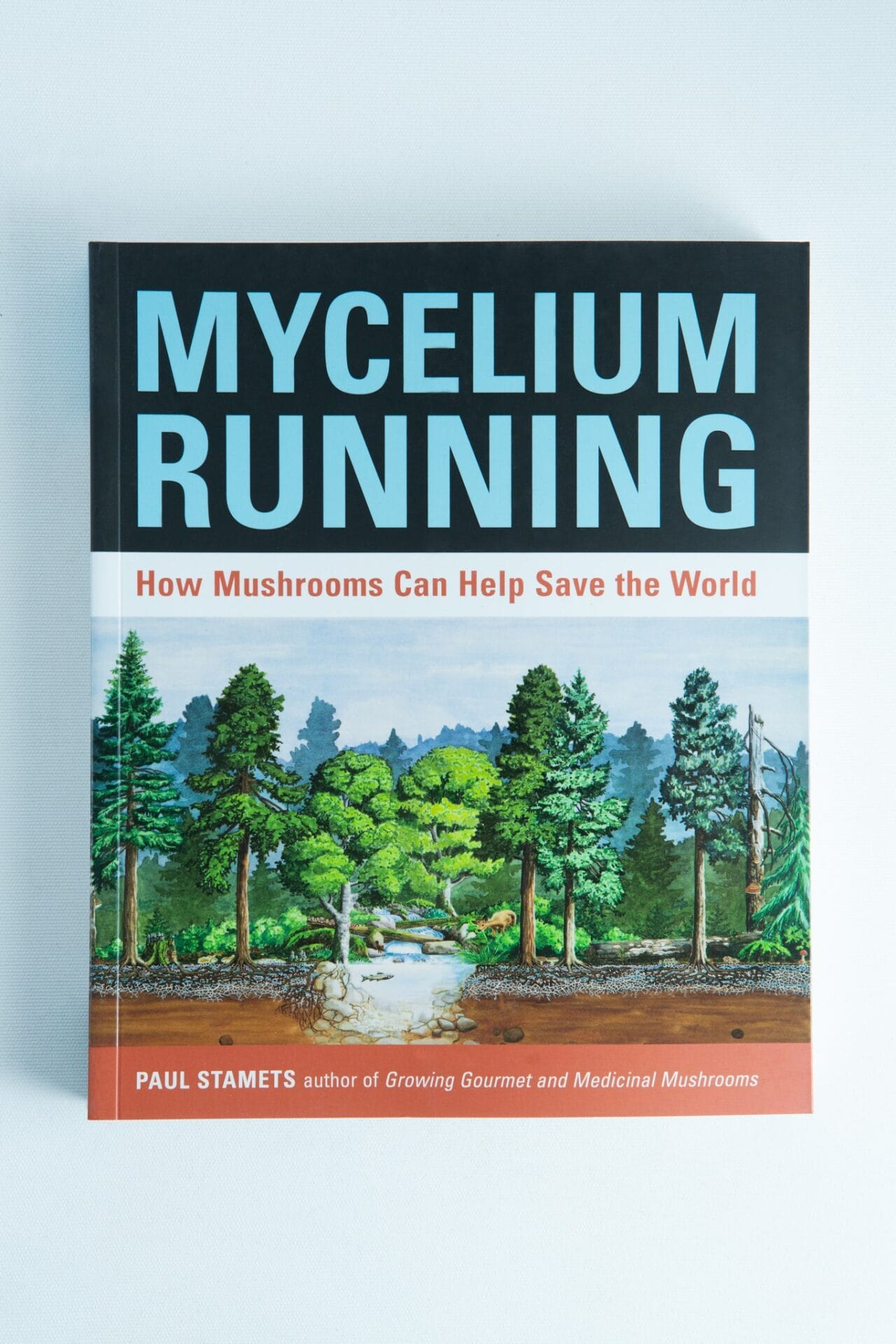 The cover of "Mycelium Running: How Mushrooms Can Help Save the World" by Paul Stamets features a forest and mushrooms—an essential mycology book for enthusiasts.