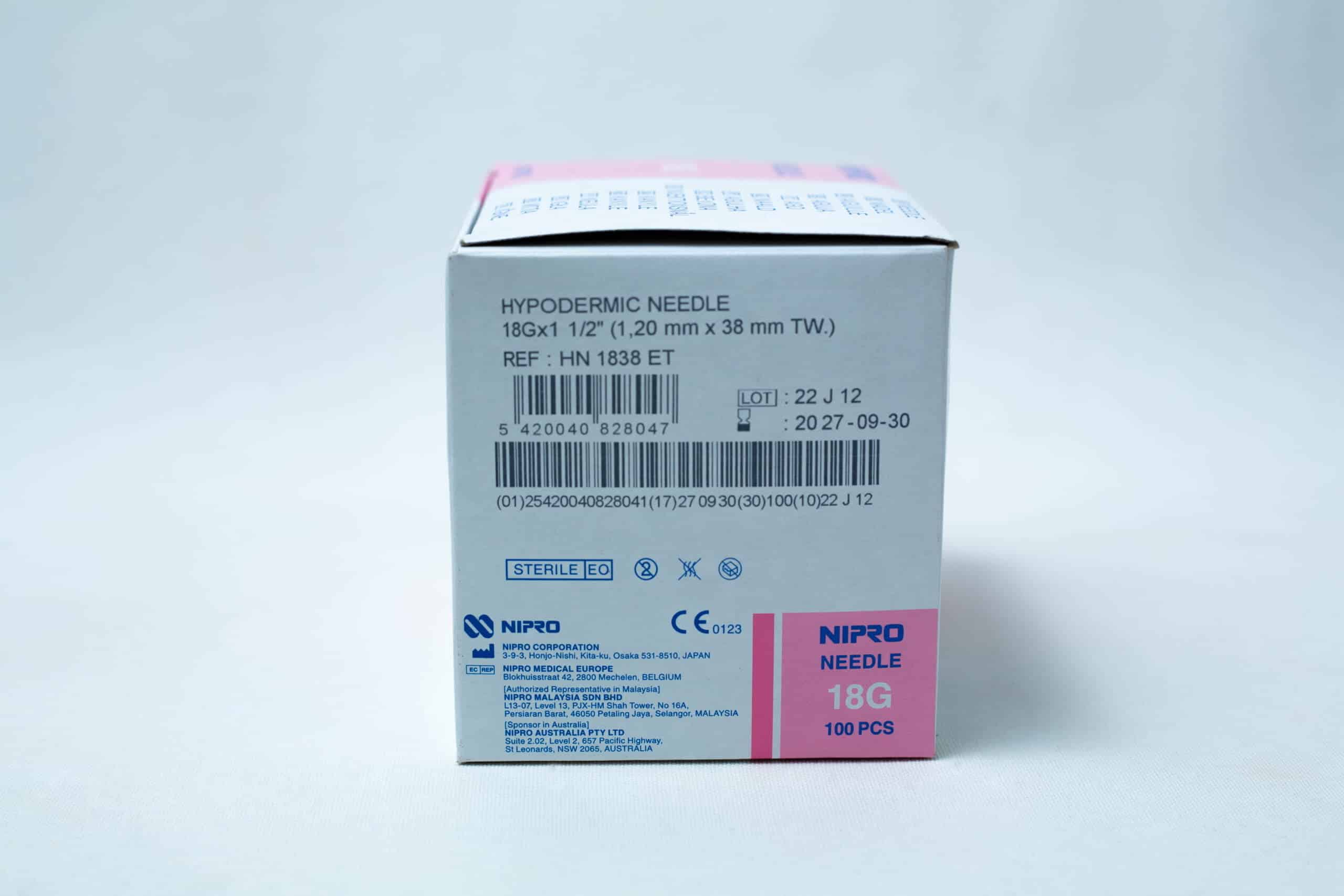 Sterile 18G hypodermic needles whole box 100pcs, with product details and barcodes visible—perfect choice for anyone needing reliable 18G needle options.