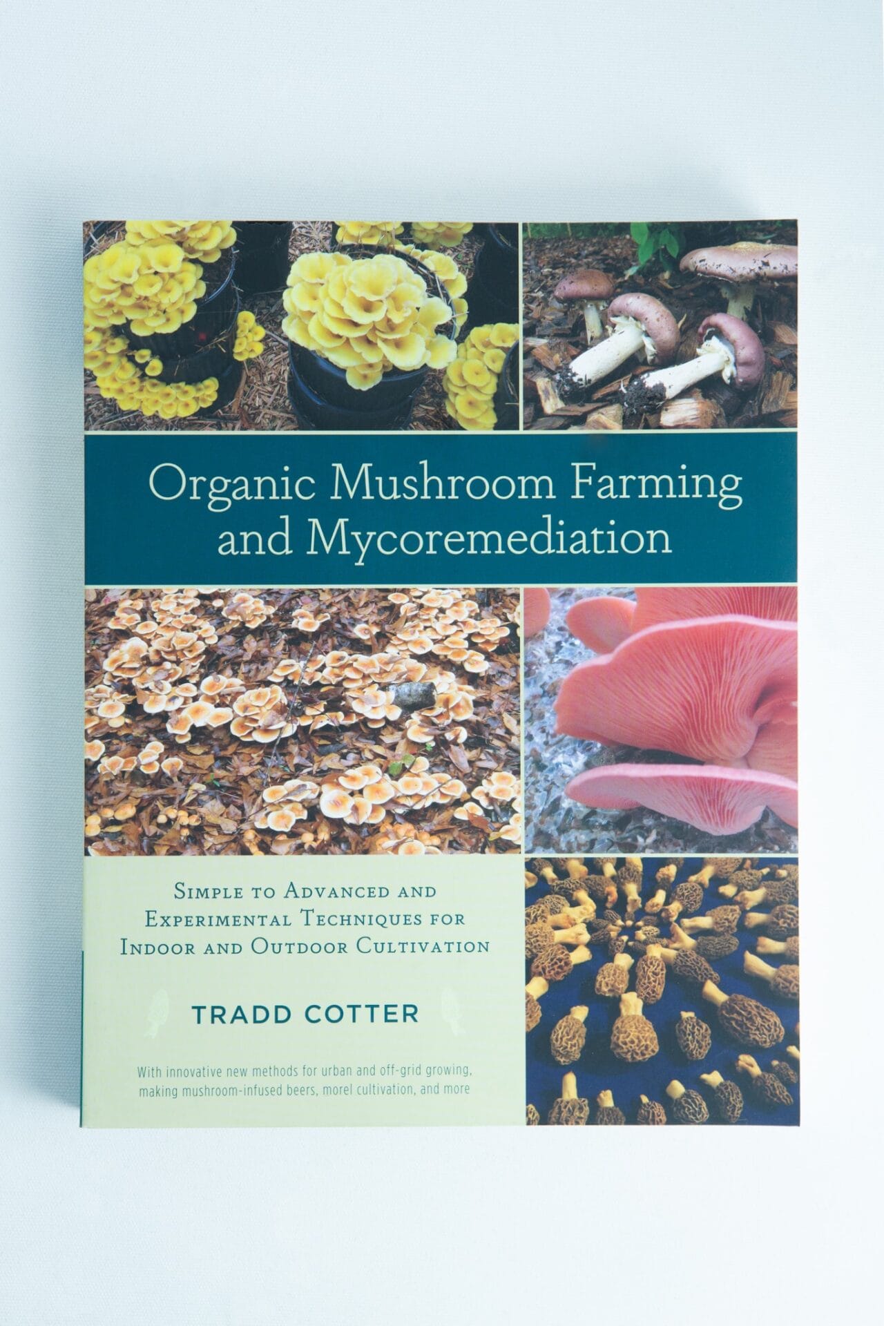 Book cover for "Organic Mushroom Farming and Mycoremediation: Book by Tradd Cotter," a top mycology book with mushroom photos and expert insights on mycoremediation.