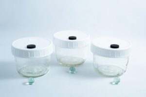 Three empty Mycology Ball Mason jars (1L, genuine, autoclavable) with injection port and air vent, each with a white lid and placed in front of a small green marble, arranged on a white background.