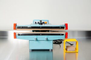 A Heat Sealer 450mm with 10mm Seal | Benchtop Model, featuring control knobs and a yellow foot pedal, sits on a metal counter, designed for reliable industrial sealing.