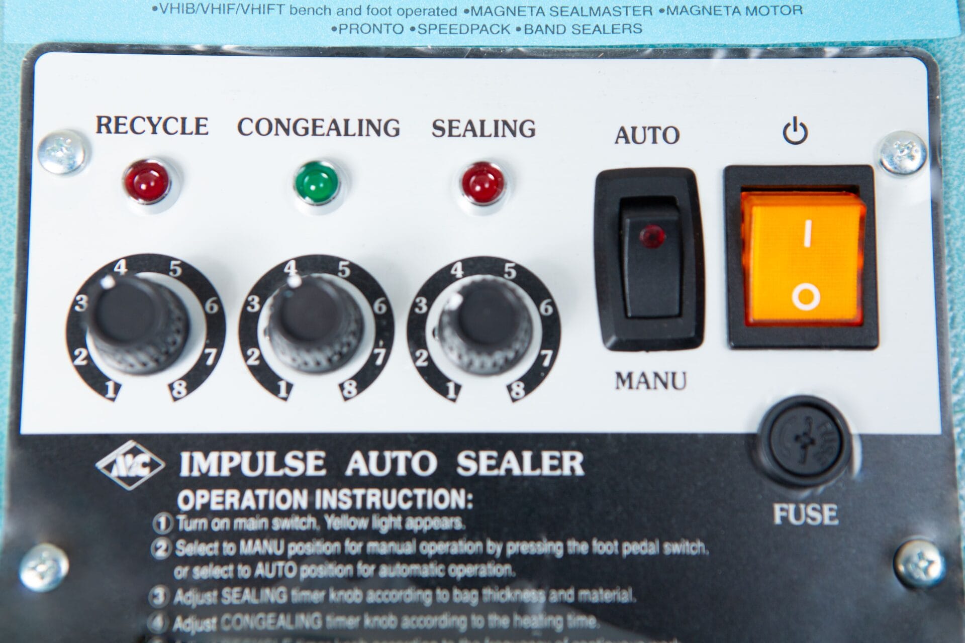 Close-up of the Heat Sealer 450mm with 10mm Seal | Benchtop Model control panel, featuring knobs, buttons, and an orange power switch.