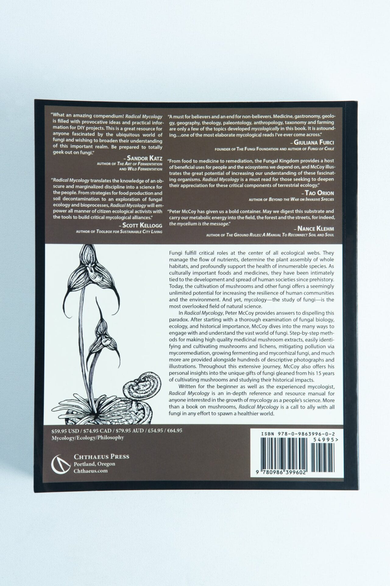 The back cover of Radical Mycology by Peter McCoy displays text, reviews, a barcode, and a mushroom illustration.