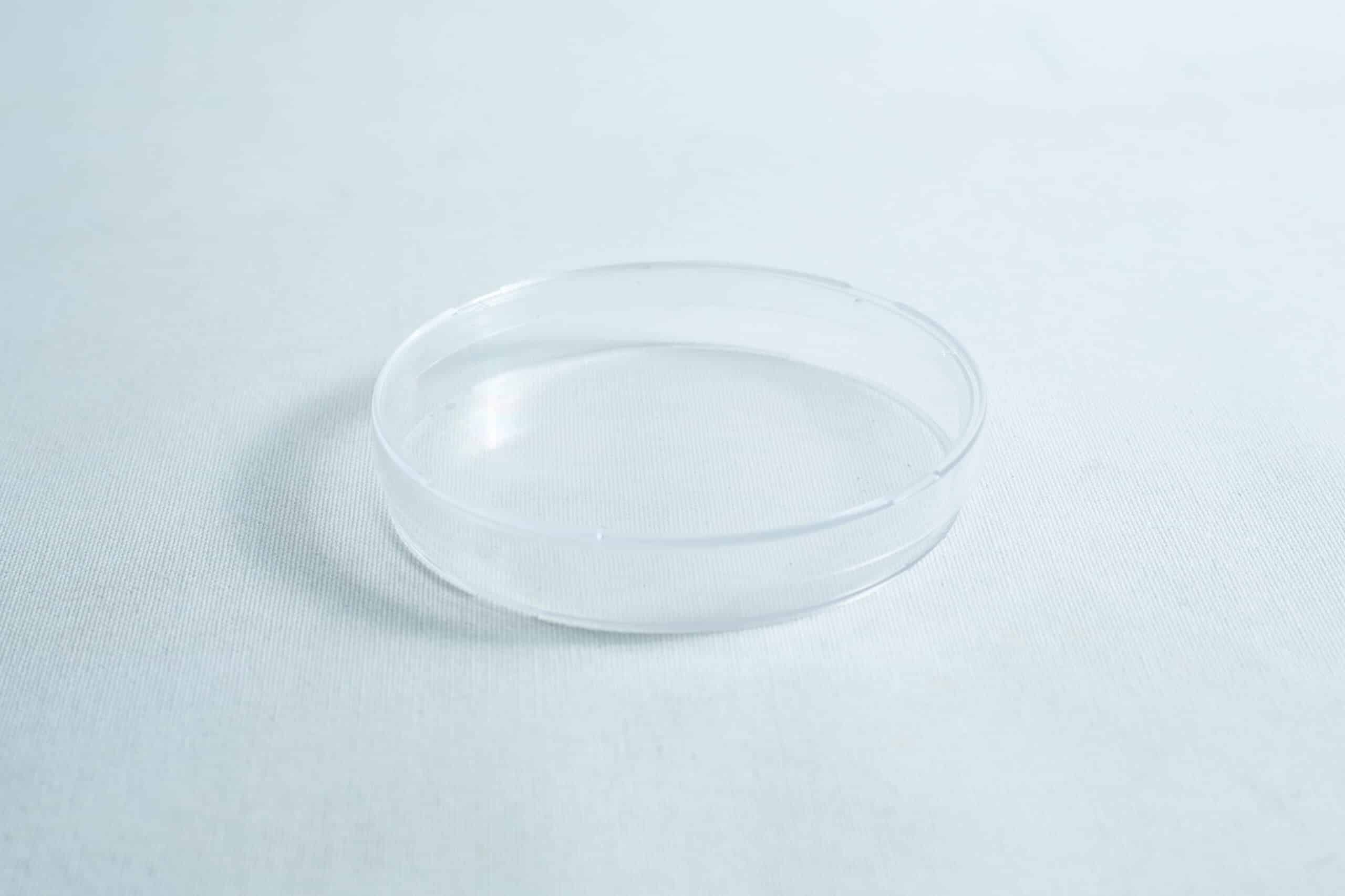 A clear, sterile 90mm Petri dish with 3 vents, gamma irradiated for laboratory use, sits empty on a white surface, highlighting its simplicity.