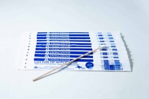 Eight packs of Sterile Cotton Tip Applicator/Swab in blue and white, each containing one sterile cotton tip swab, with a single wooden applicator on top.