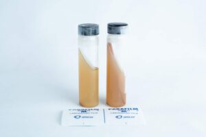 Two test tubes with different brown liquids, used for preparing Slants—Replacement for agar Petri dish, plus two Parafilm M laboratory film sheets displayed on a white background.