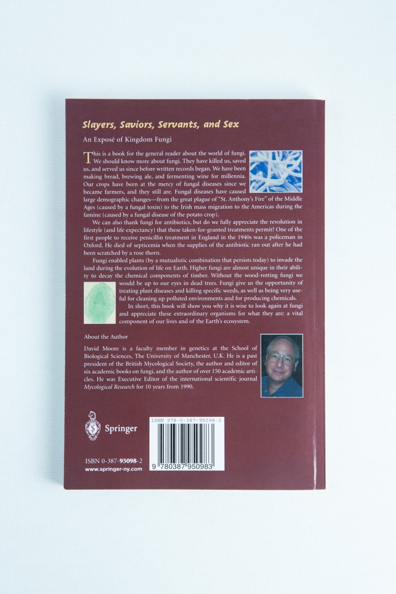 Back cover of "Slayers, saviours, servants and sex: Book by David Moore," with a summary, author photograph, small fungus images, and publisher logos.