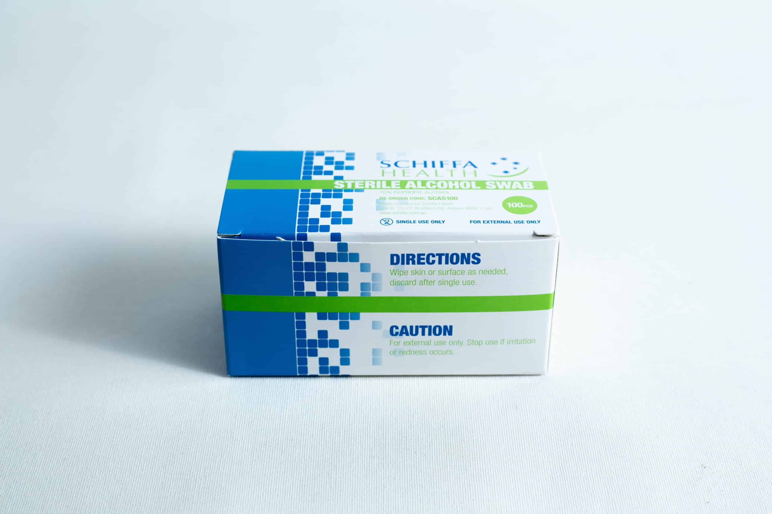 Sterile Alcohol Wipes / Swabs / Pads (Box of 100) with directions and caution label on a white background. Ideal for convenient, hygienic cleaning whenever required.