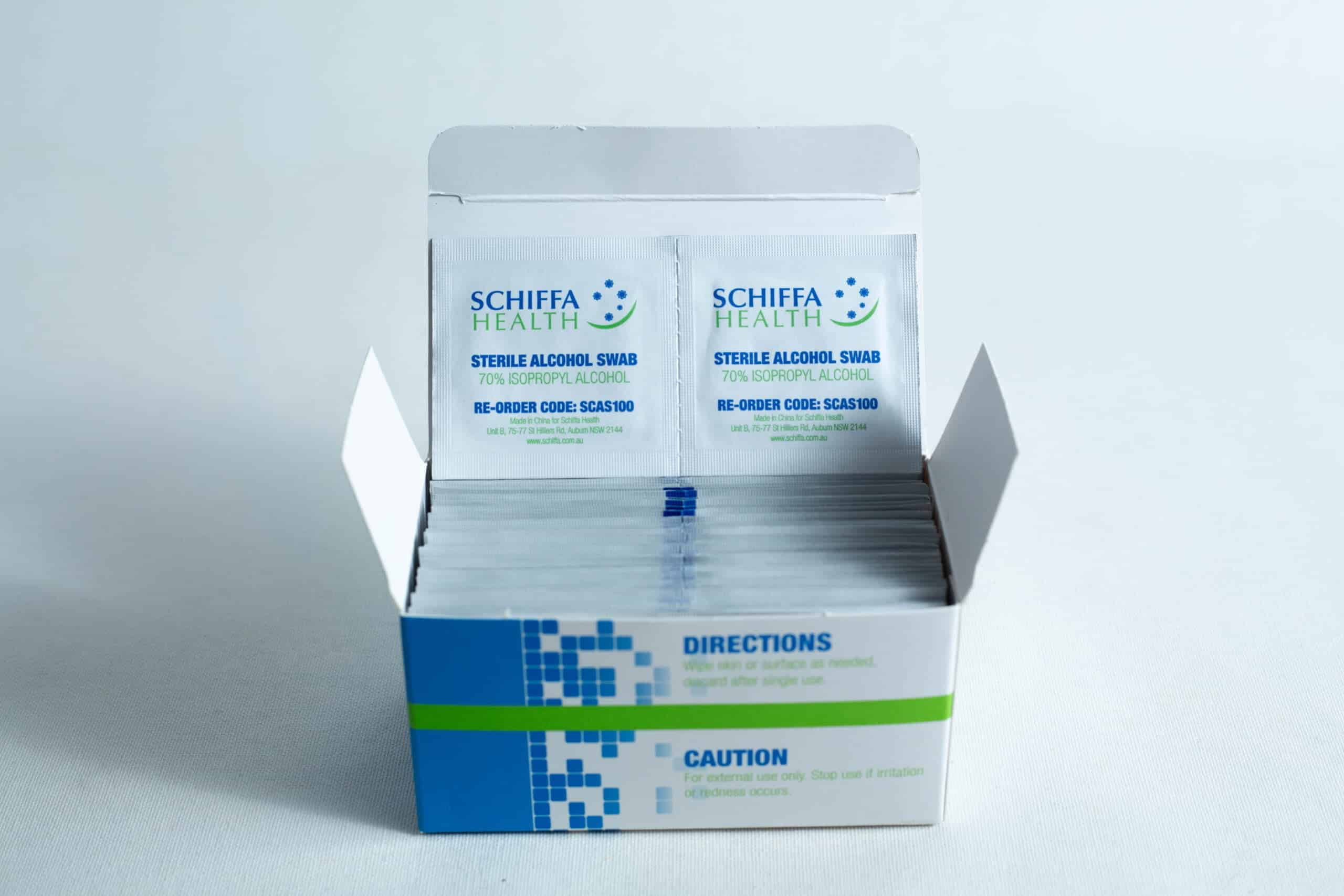 Box of Sterile Alcohol Wipes / Swabs / Pads (100 count), with two sterile alcohol pads visible at the front of the open box.