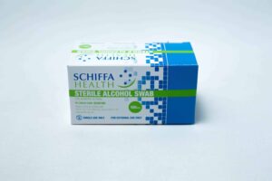 A box of 100 Sterile Alcohol Wipes/Swabs/Pads in blue, green, and white packaging, featuring premium isopropyl alcohol swabs for effective cleaning.