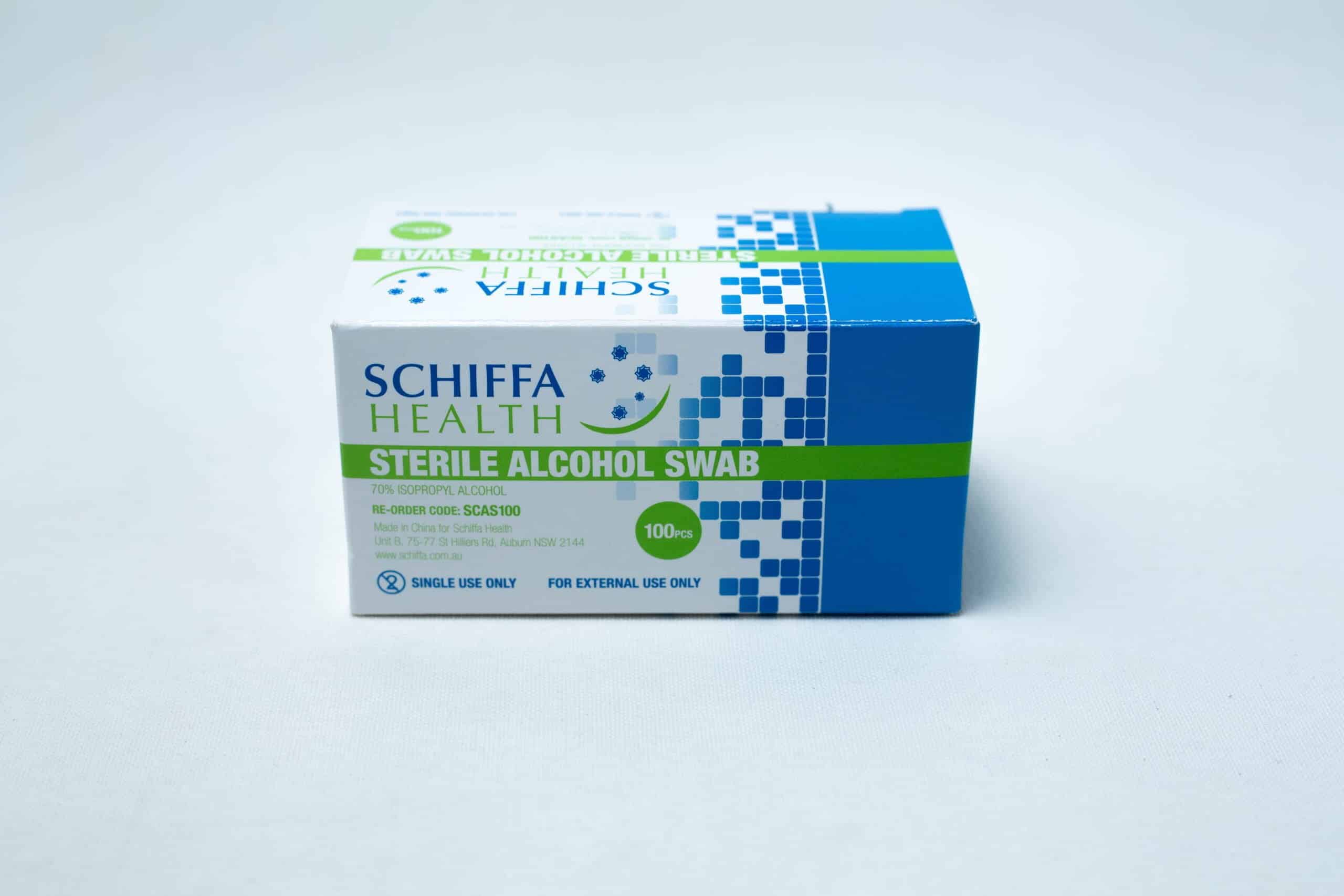 A box of 100 Sterile Alcohol Wipes/Swabs/Pads in blue, green, and white packaging, featuring premium isopropyl alcohol swabs for effective cleaning.