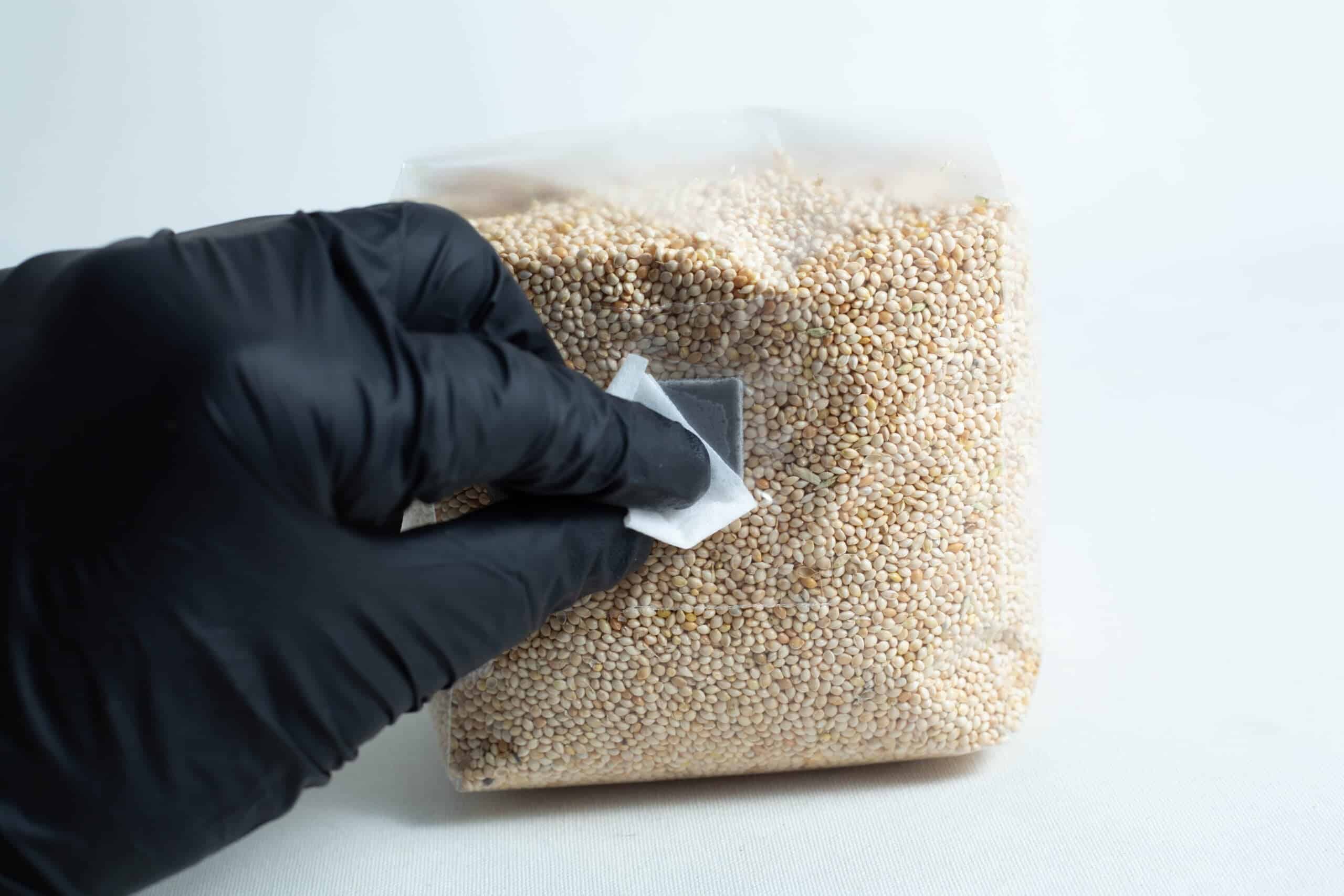 A gloved hand cleans a plastic bag of white grains on a white surface using Sterile Alcohol Wipes / Swabs / Pads (Box of 100).