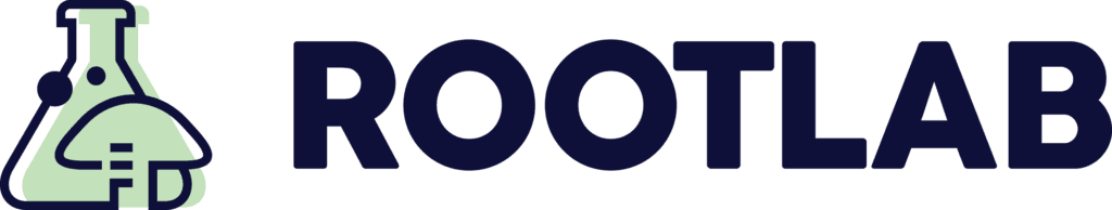 Logo with a green lab flask and mushroom icon beside the word ROOTLAB in bold black letters.