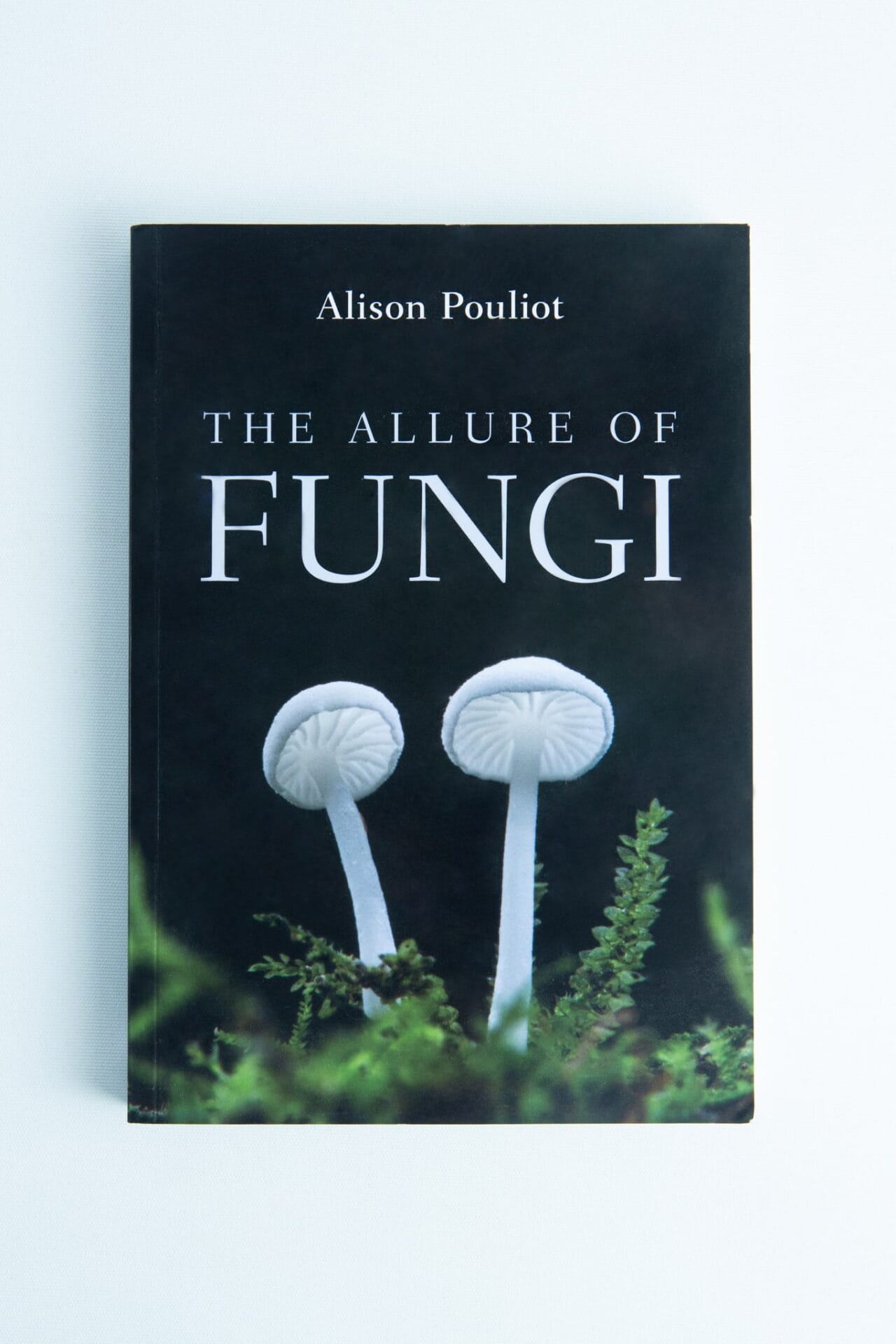 Book cover of The allure of Fungi: Book by Alison Pouliot, depicting two white mushrooms and green moss.