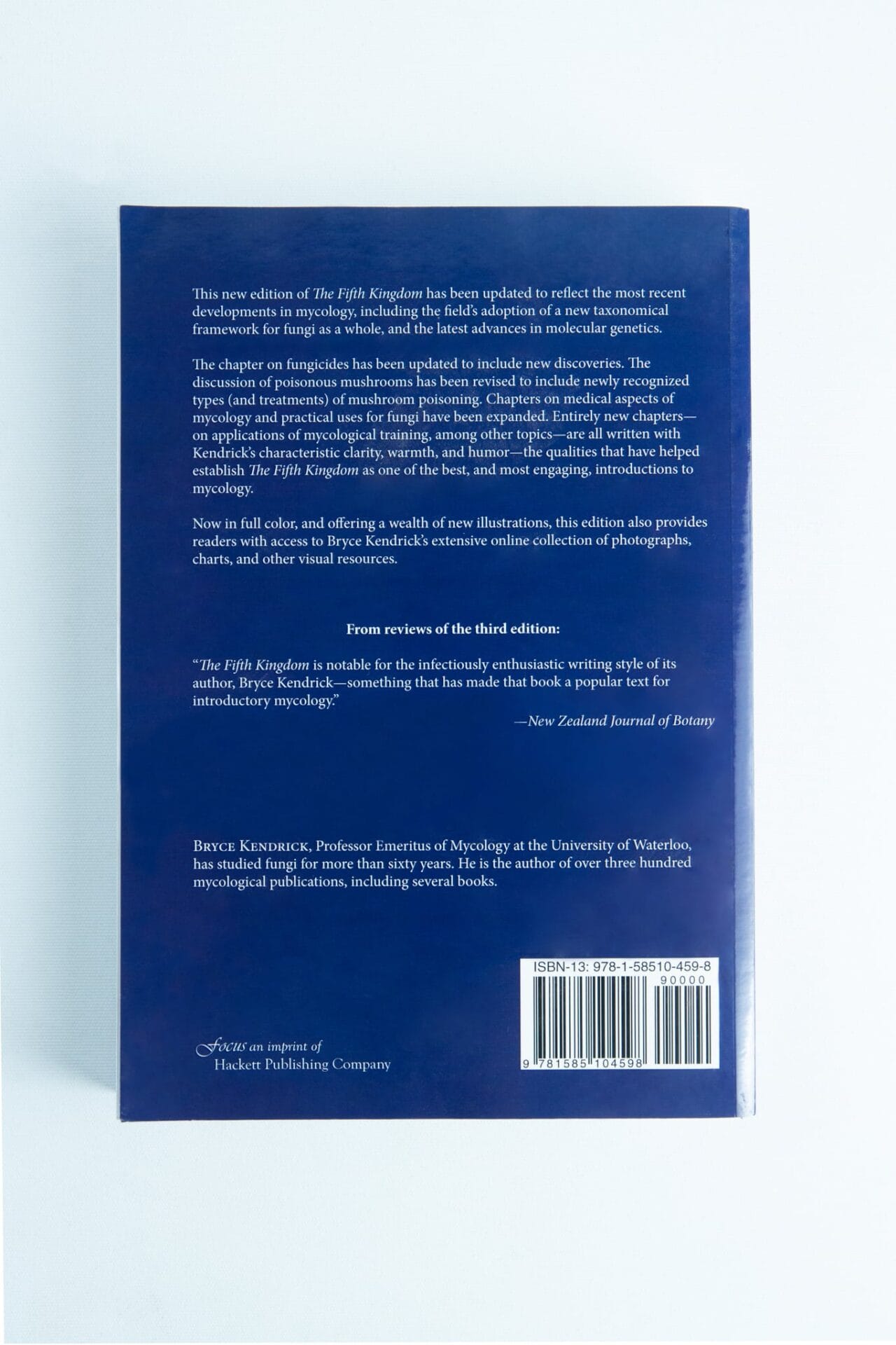 Back cover of "The Fifth Kingdom: Book by Bryce Kendrick" with text about the book, reviews, author bio, and publisher information.