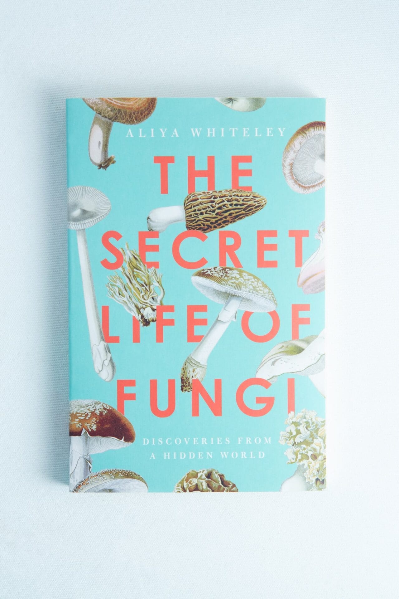 The book cover of The Secret Life of Fungi by Aliya Whiteley features delightful mushroom illustrations on a light blue background, making it a notable choice among mycology books.