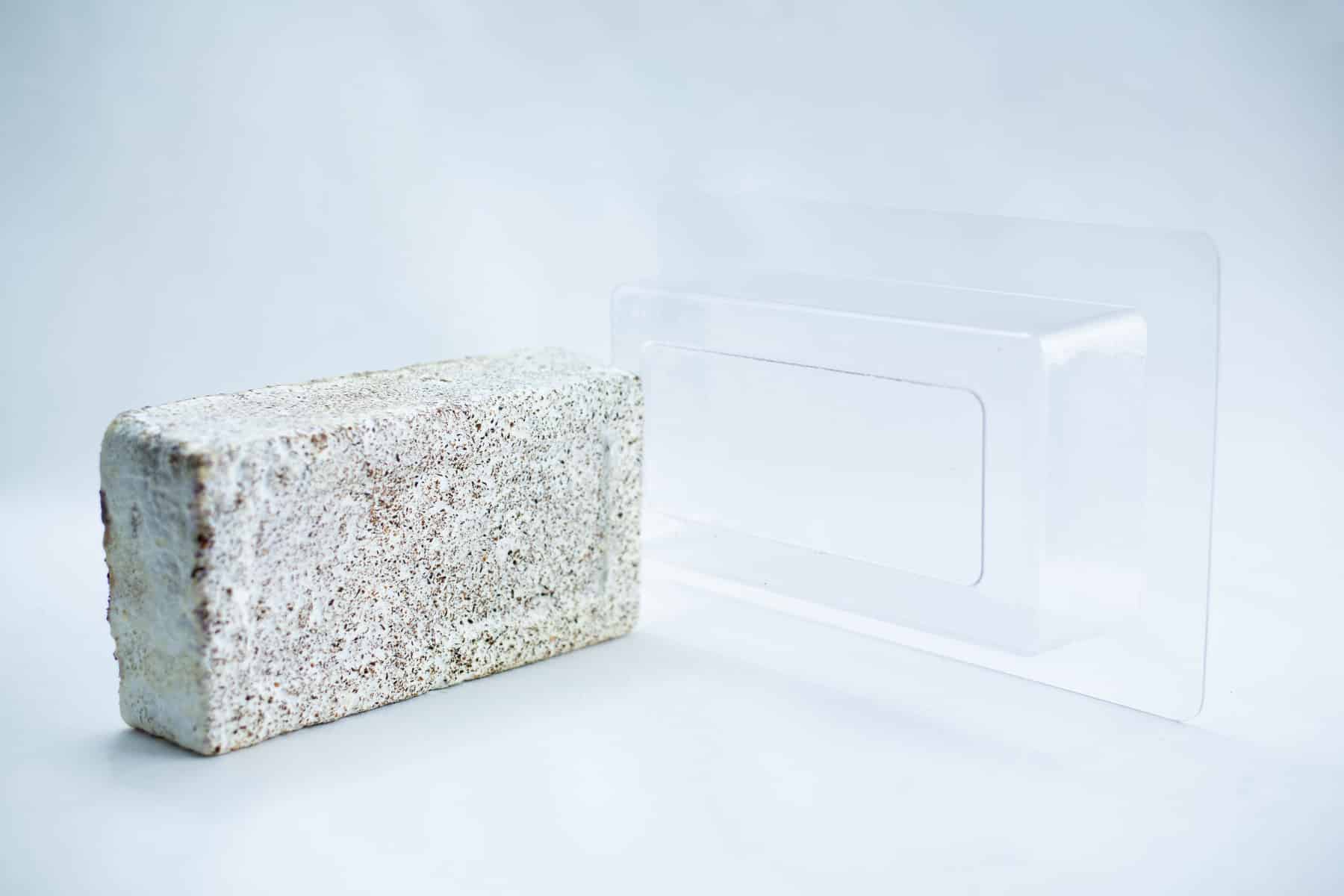 A white brick beside a clear rectangular acrylic sheet showcases the contrast between traditional materials and the innovative Mycelium Mould Growth form - Paver (Reusable) on a light background.