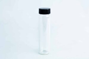 Slants—replacement for agar petri-dish: clear glass vial with black screw cap, shown upright on a white background. Ideal for preparing and storing mushroom slants.