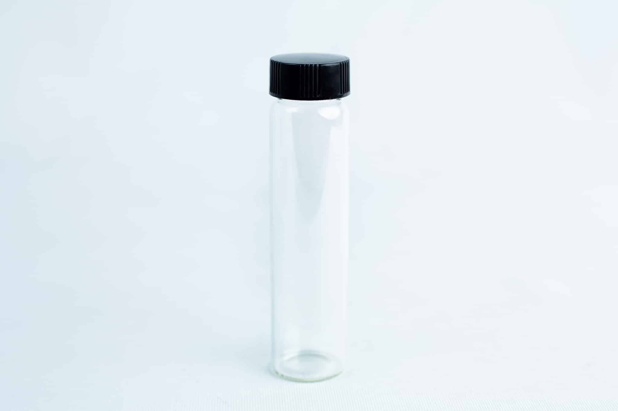 Slants—replacement for agar petri-dish: clear glass vial with black screw cap, shown upright on a white background. Ideal for preparing and storing mushroom slants.