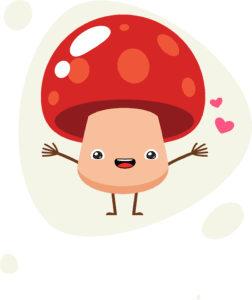 Cute cartoon mushroom with a red cap, smiling with arms wide open and pink hearts nearby—perfect for fans of Mushroom Supplies Australia or anyone who loves collecting adorable mushroom growing supplies!.
