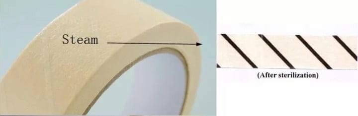 Autoclave sterilisation indicator tape 25mm x 50m, labelled "Steam," shows dark stripes after autoclave exposure.