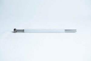 A single pen ink refill with a white barrel and metal tip on a plain white background.