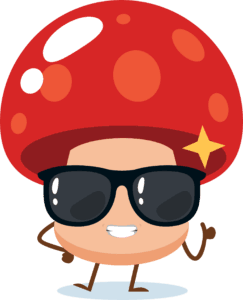 Smiling cartoon mushroom with a red cap, sunglasses, and a shiny star on its head, posing confidently—meet the fun mascot behind About Rootlab Australia!.