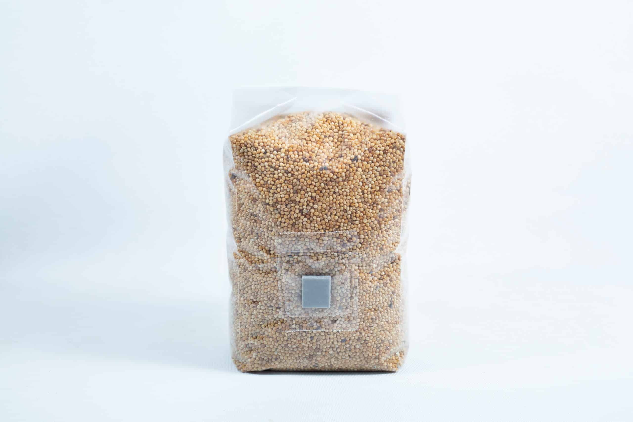 A clear plastic bag of Millet Pre-Sterilised Mushroom Grains with injection port and digital instructions—sealed, upright on a white background, ideal for mushroom cultivation.