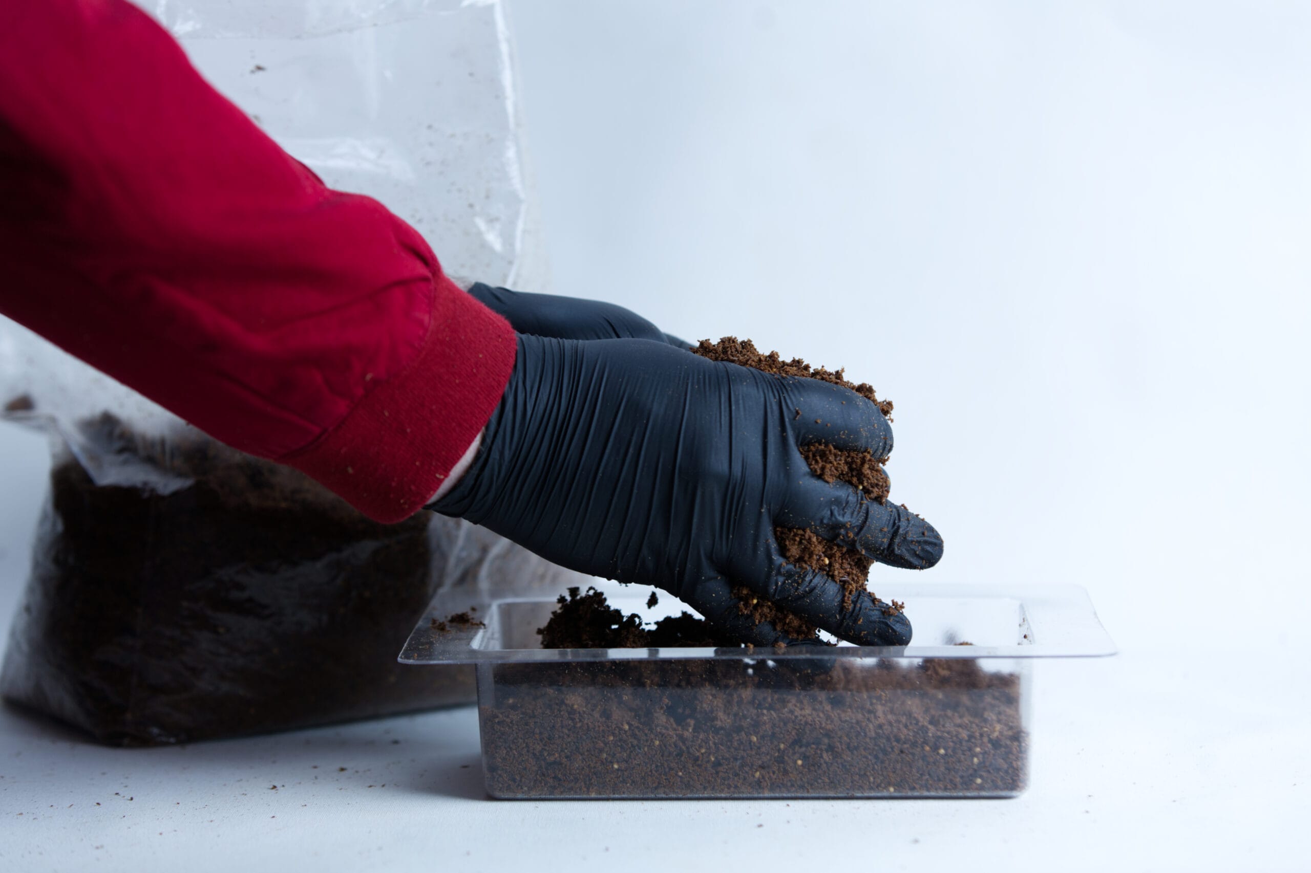 A gloved hand fills a clear tray with soil, with a bag of compost in the background.