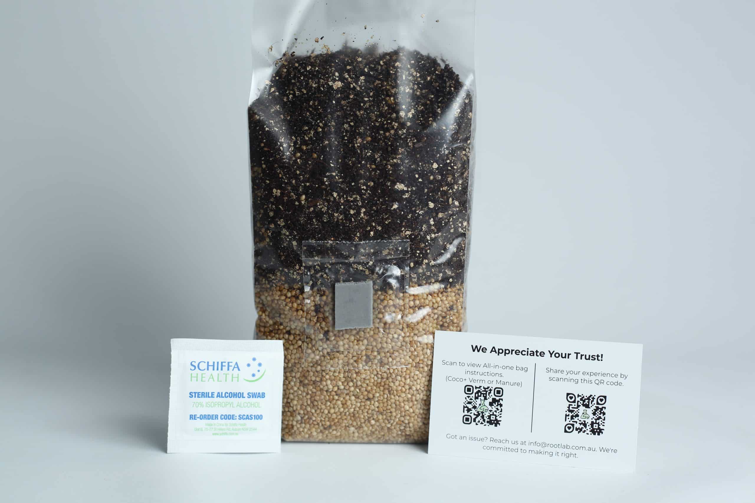 The Monotub Mushroom Growing Kit-Premium includes a soil and seed bag, sterile alcohol swab packet, and an instruction card with setup QR codes for easy mushroom cultivation.
