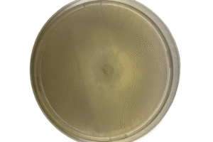 A round, clear petri dish filled with light yellowish agar, viewed from above on a white background.