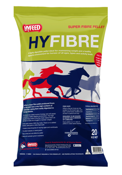 A 20kg bag of Soya Hull Pellets Non-GM Australian Grown (HyFeed HyFibre) features high-quality soya hull pellets for optimum horse nutrition, with colourful horse silhouettes on the front.