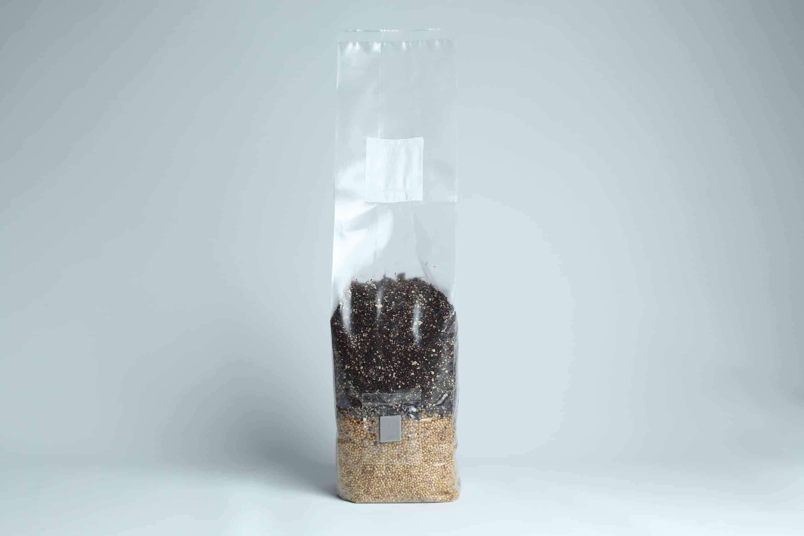 Clear plastic bag filled halfway with mixed grains and seeds, standing upright on a plain background.