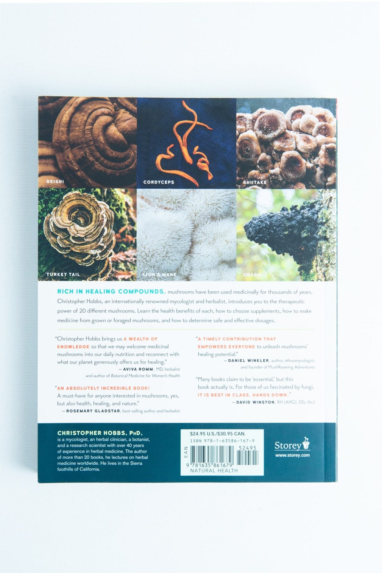 Back cover of "Medicinal Mushrooms The Essential Guide" by Christopher Hobbs, showcasing images of mushrooms and descriptions highlighting their medicinal benefits.