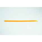 An orange plastic straw with a flexible, bendy section, lying on a white surface.
