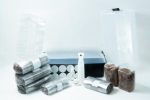 A mushroom growing kit with substrate bags, a clear tub, spray bottle, and accessories on a white background.