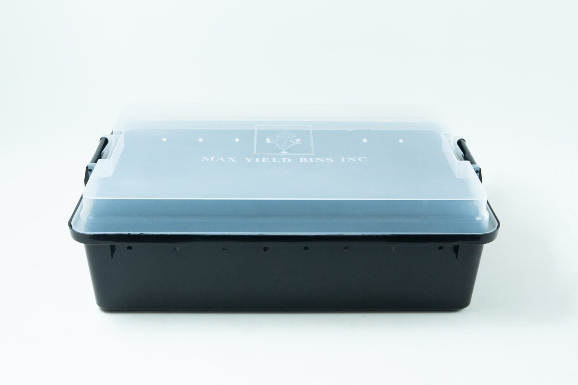 A black plastic storage box with a clear lid and side handles on a white background.