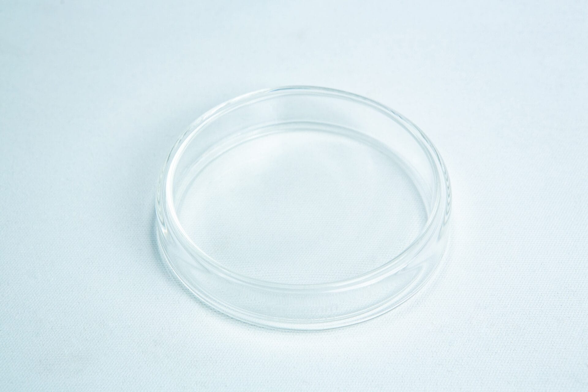 A clear, empty glass Petri dish on a white surface.