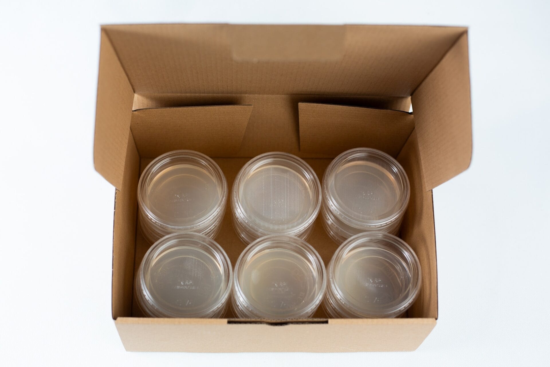Six clear plastic petri dishes with lids in a brown cardboard box, viewed from above.