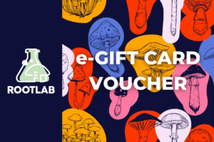 Colourful illustrated mushrooms with "e-Gift Card Voucher" and ROOTLAB text on a patterned background.